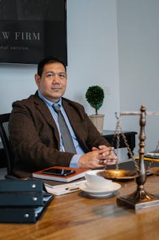 Middle aged ethnic legislator looking at camera and sitting at table with scales of justice in office